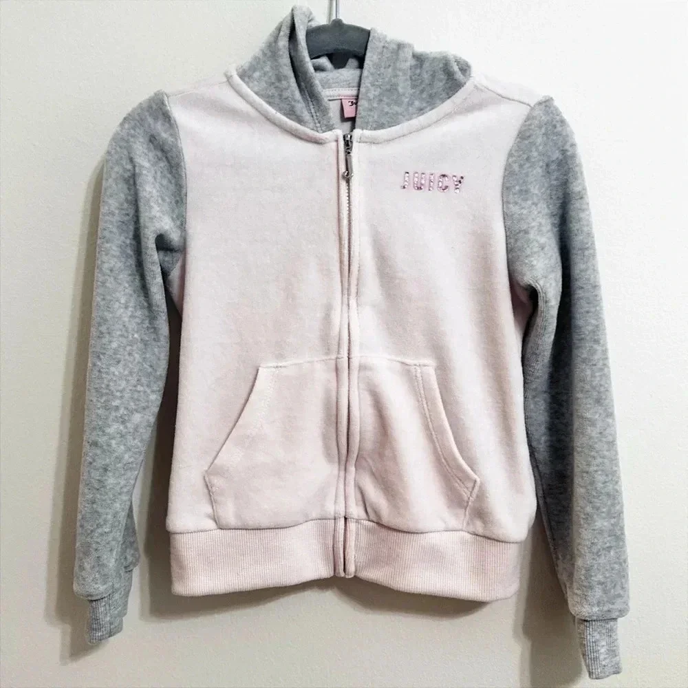 Juicy Couture Kids Pink Rhinestone Velour Zip Up Track Jacket - Size 5